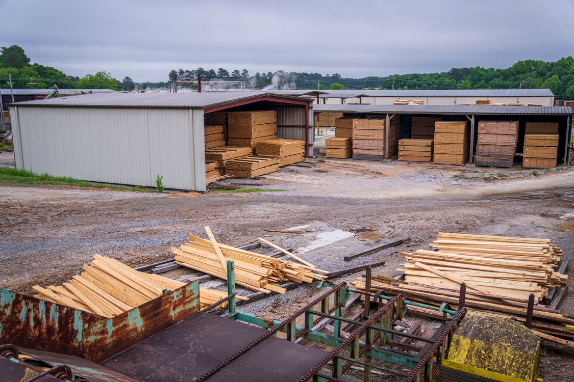 Stored lumber and a handling line at a sawmill