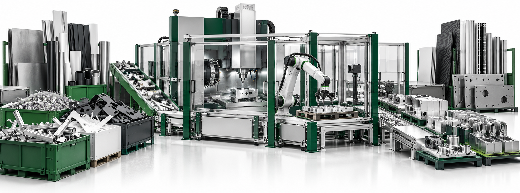 Manufacturing illustration: robotic machining, components and metal materials