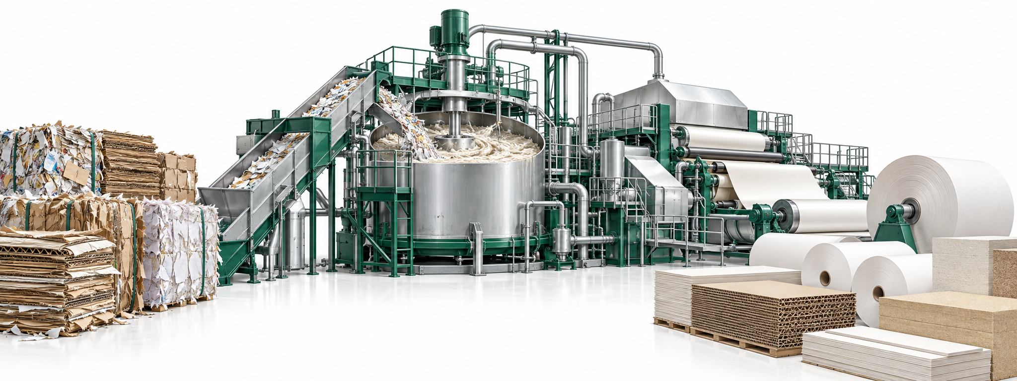 Illustration of paper and cardboard processing: recovered bales, equipment and rolls