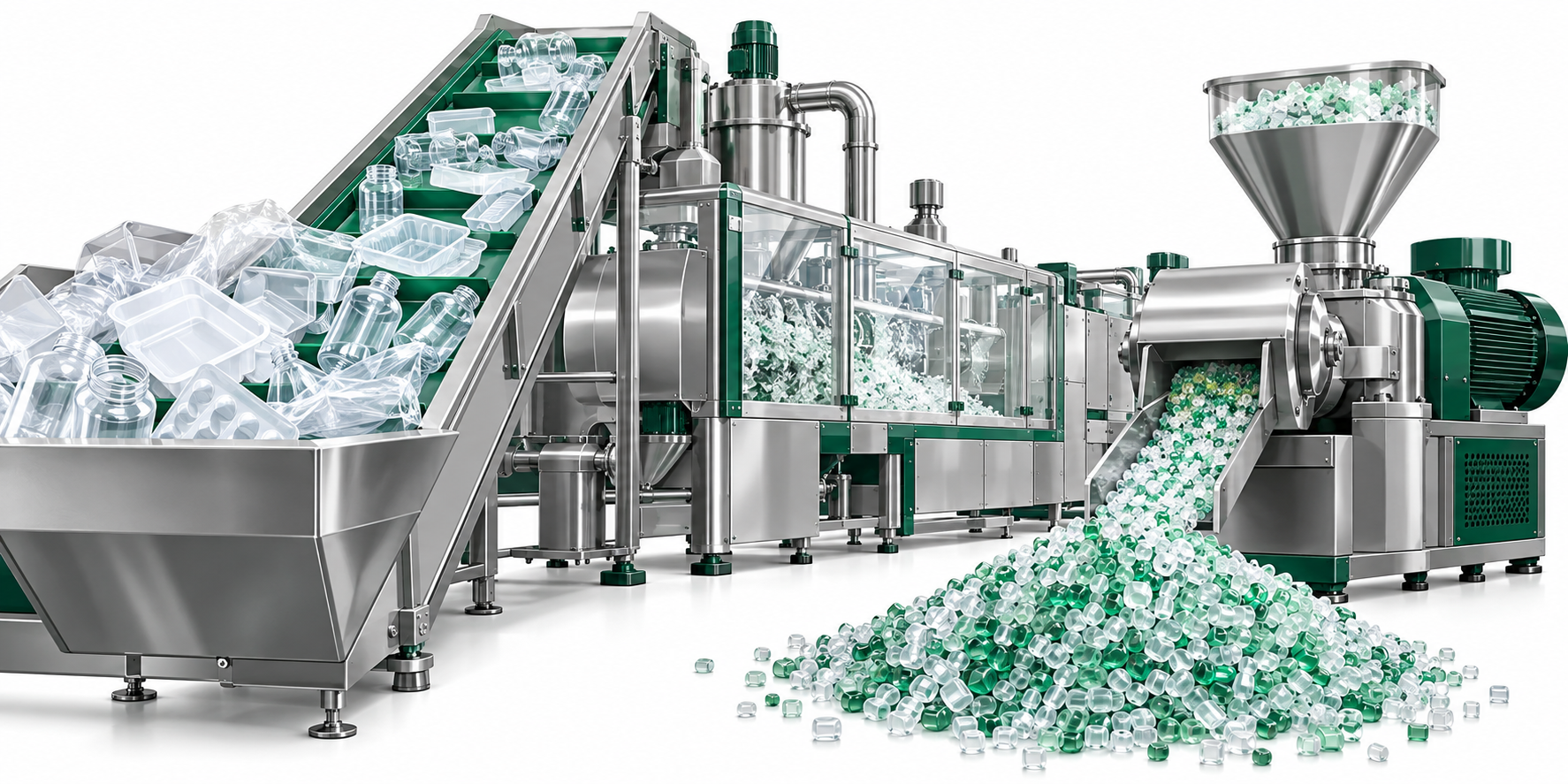 Illustration of plastics processing with conveyor and pellets