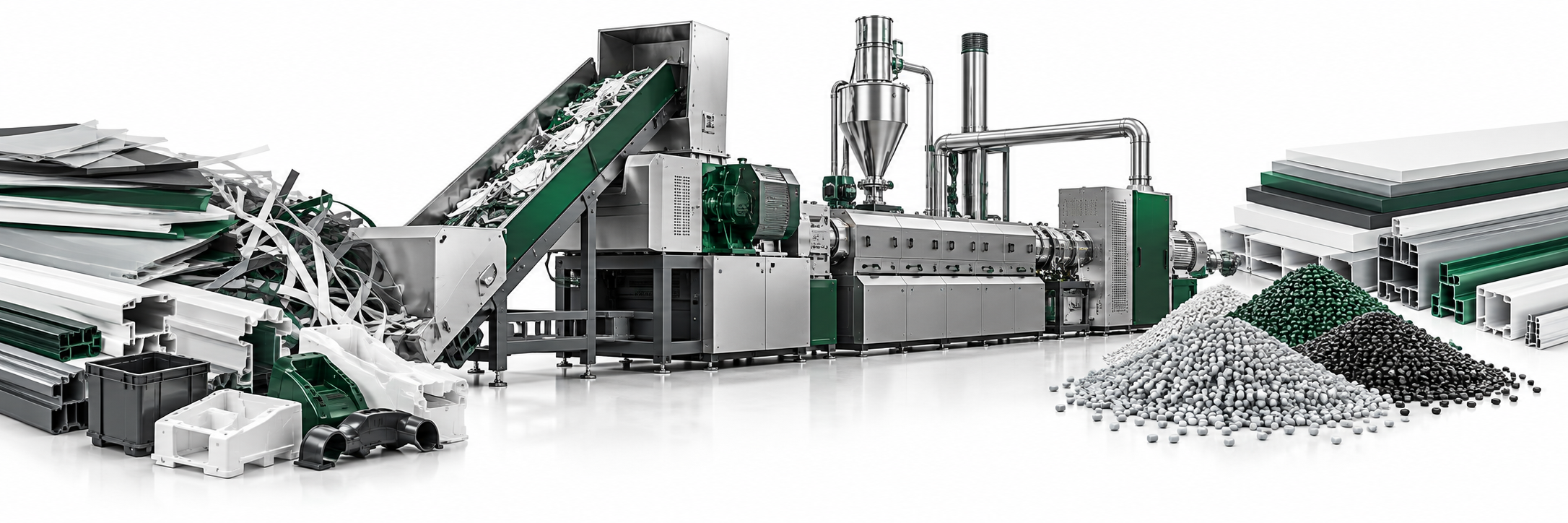 Illustration of plastics processing: scraps, equipment, pellets and profiles