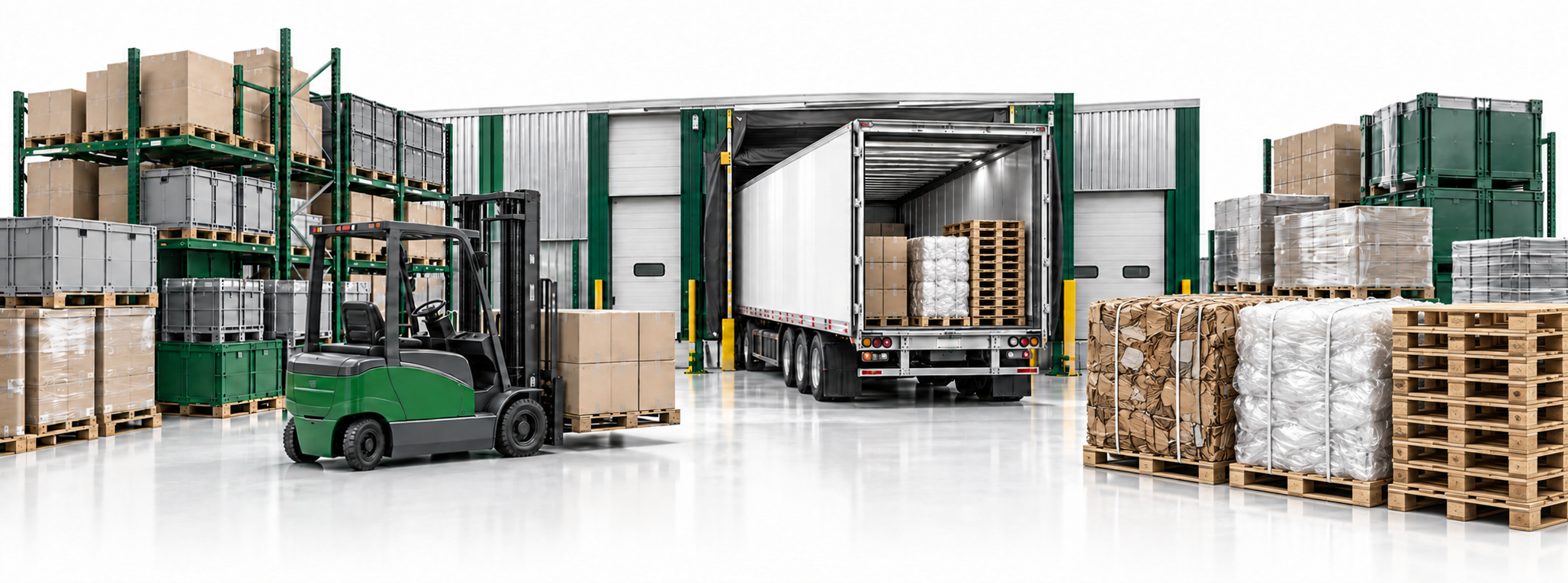 Transport and distribution illustration: warehouse, truck, pallets and recovered materials